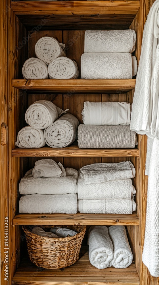 Poster soft, white towels and linens are neatly rolled and stacked on shelves made of natural wood, creatin