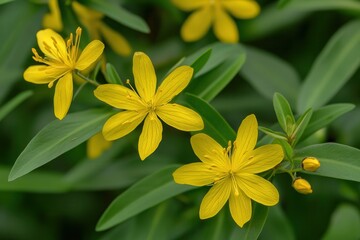 Fototapeta premium Vibrant yellow flowers blooming amidst lush green foliage in a serene garden setting (1)