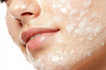 Fototapeta premium Face close-up with creamy texture, showing soft skin and subtle details in a bright setting