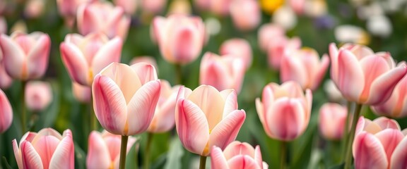 Soft pastel tulips blooming in a spring garden, shallow depth of field, garden, selective focus