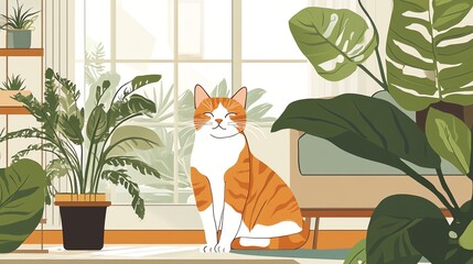 Digital illustration of a smiling orange tabby cat sitting among lush green plants in a sunlit room.