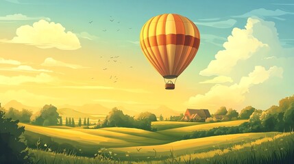Fototapeta premium Digital illustration of a hot air balloon floating over a green countryside landscape with a rural house.