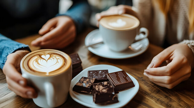 Warm indulgences: Sharing chocolate and artful latte creations in cozy cafe