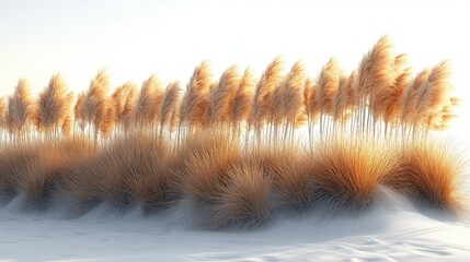 Golden reeds and long grasses on snow blanket under a bright white sky