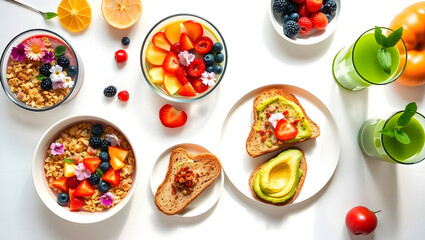 Fototapeta premium Vibrant Vegan Brunch Flat Lay of Delicious & Healthy Breakfast Bowls and Toast