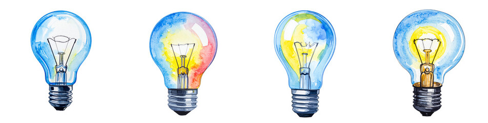 Obraz premium Watercolor Light Bulbs PNG set on Transparent Background, Innovation and Idea Illustration