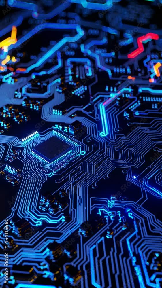 Poster detailed close-up of microchip circuit board with intricate blue and yellow glowing electronic pathw