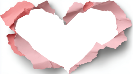 Ragged pink paper heart revealing transparent background, perfect for romantic graphic design, cards, and personalized invitations with subtle layering effect, PNG
