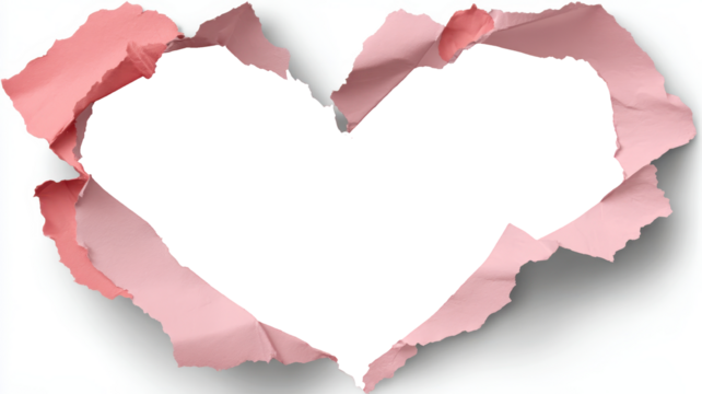 Ragged pink paper heart revealing transparent background, perfect for romantic graphic design, cards, and personalized invitations with subtle layering effect, PNG