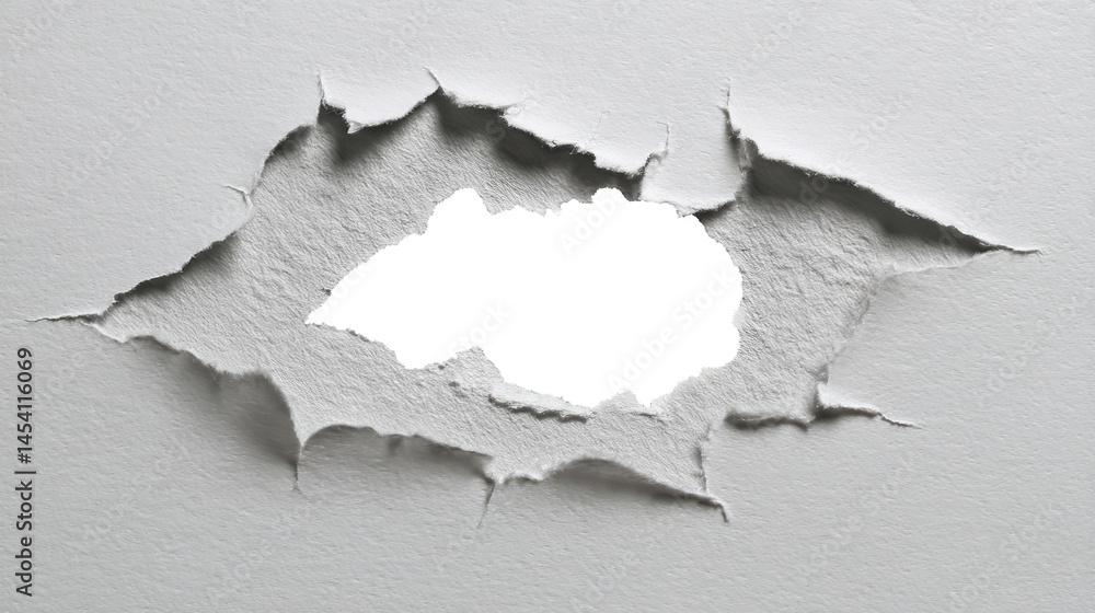 Poster paper sheet torn, creating jagged aperture with transparent background, exposing underlying layer fo
