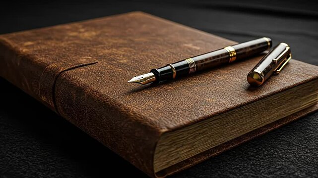 Fountain Pen Journal - Gold-trim fountain pen placed on leather notebook