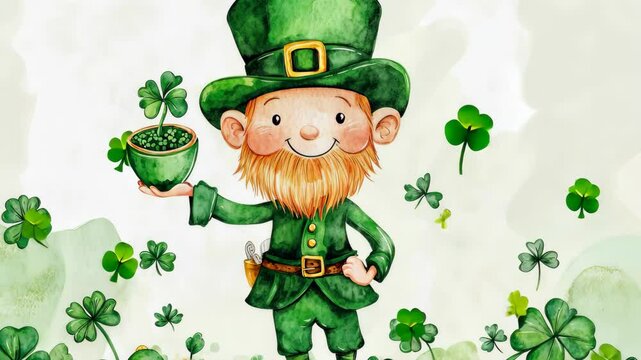 Explore a whimsical scene of a leprechaun celebrating Saint Patricks Day with traditional symbols and green hues.