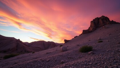 Naklejka premium Blazing sunset over rocky hills - desert landscape in golden light 