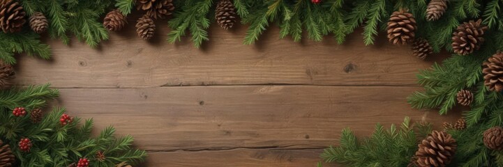 Lush fir branches and rustic pine cones create a festive Christmas border , seasonal, christmas border, rustic christmas