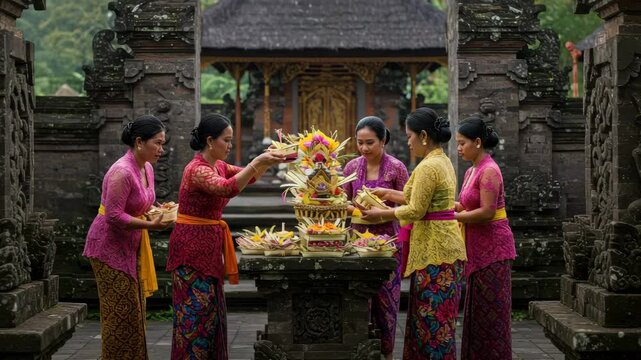 Women in colorful attire make offerings at a temple, highlighting Balinese traditions