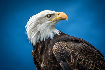Obraz premium Close up of a bald eagle on blue background.