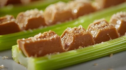 Creative celery sticks snack with peanut butter topping and sea salt close-up
