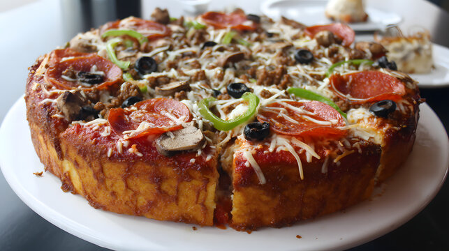 Delicious Thick Crust Pizza with Marinara Sauce, Toppings of Pepperoni, Olives, and Green Peppers