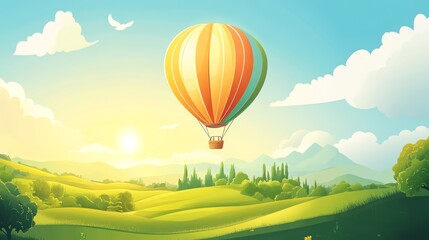 Fototapeta premium Digital illustration of a hot air balloon soaring over a rolling green landscape with scattered clouds.