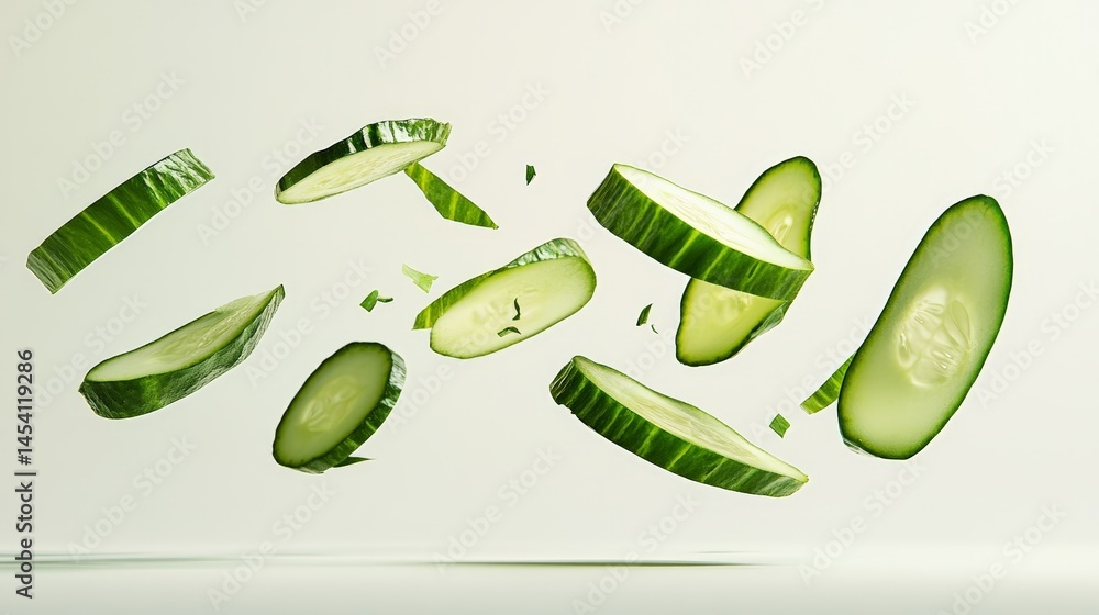 Poster Fresh cucumber slices levitating in mid air against a minimalist white backdrop, creating a dynamic and refreshing visual that highlights the vibrant green color and healthy appeal