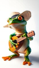 Obraz premium Adorable frog in a straw hat strumming a ukulele with a big smile. Funny, lifelike, colorful, and perfect for creative designs. White background, isolated, 48K.