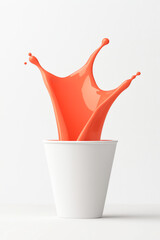 A splash of vibrant orange paint emerging from a white cup on a minimalist background.