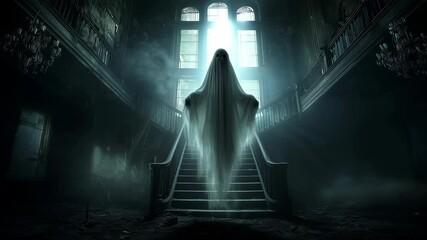 Translucent spectral entity floating on grand staircase in dark, misty Victorian-style interior with arched windows and chandeliers - Powered by Adobe