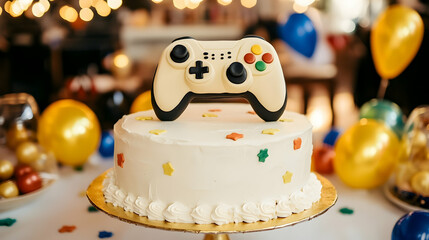 Celebratory cake decorated with a video game controller for special occasion