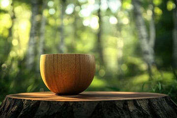 Wooden bowl rests on a forest stump, bathed in sunlight.