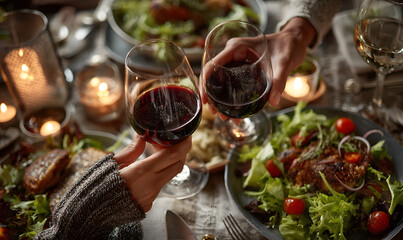 Two people are having a meal in a restaurant, clinking glasses, social etiquette, team, socializing, lovers, lovers, red wine, business, advertising, wallpaper, background, poster, menu, background 