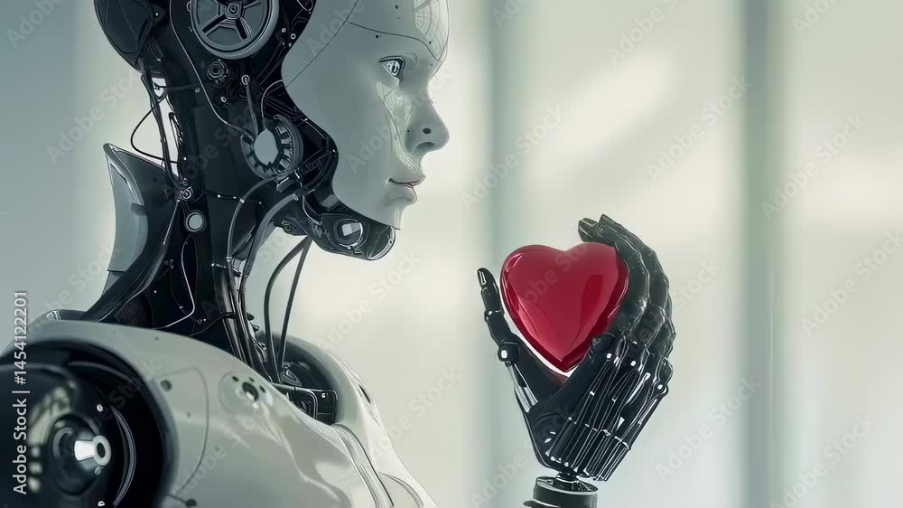 Poster humanoid robot with mechanical body and robotic hand delicately holding red heart symbol, representi