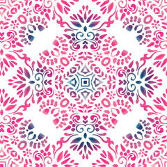 Azulejo blue and pink hand drawn tile seamless ornamental watercolor paint pattern. Elegant luxury texture