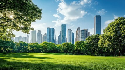 Fototapeta premium Lush parkland meets modern cityscape. Urban oasis with towering buildings and verdant green spaces