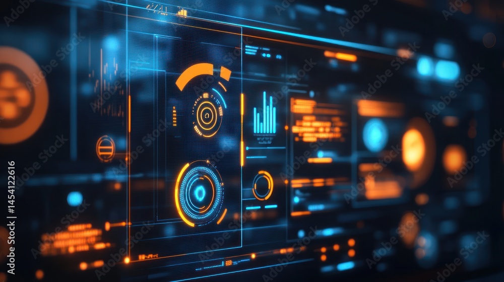Poster futuristic digital dashboard with glowing orange and blue interface elements