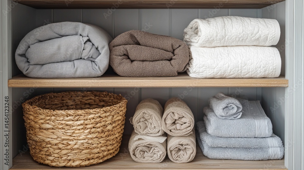 Aufkleber Soft towels and bedding in neutral colors are folded and organized on wooden shelves, creating a tidy and inviting atmosphere in a home environment