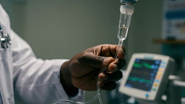 A doctor prepares to provide intravenous treatment to a patient in a hospital setting at night