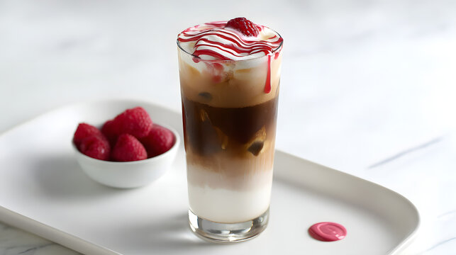 Delicious Iced Macchiato with Layers of Espresso and Mocha Garnished with Fresh Raspberry on Elegant Plate