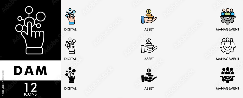 Poster dam icon set with various styles and colors digital asset management with icon of binary, automation