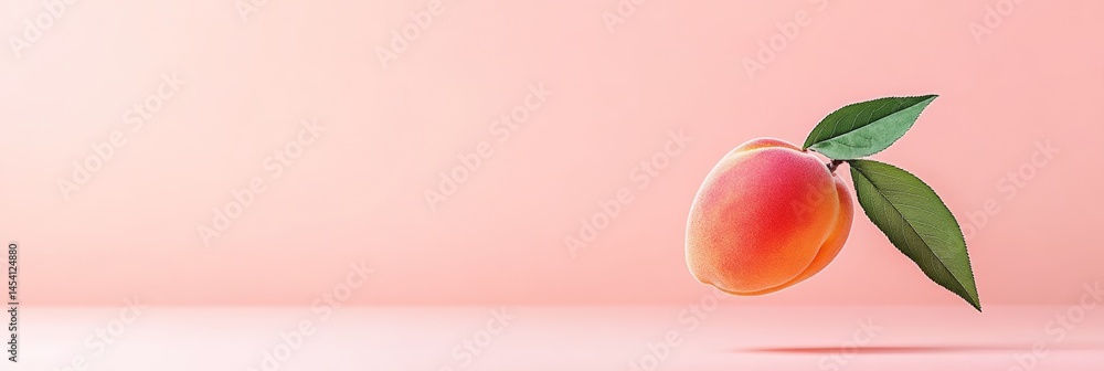Poster single, ripe peach with green leaves levitates against a soft pink backdrop, creating a minimalist a