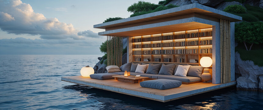 Luxurious outdoor library floating above the water with comfortable seating and tranquil view