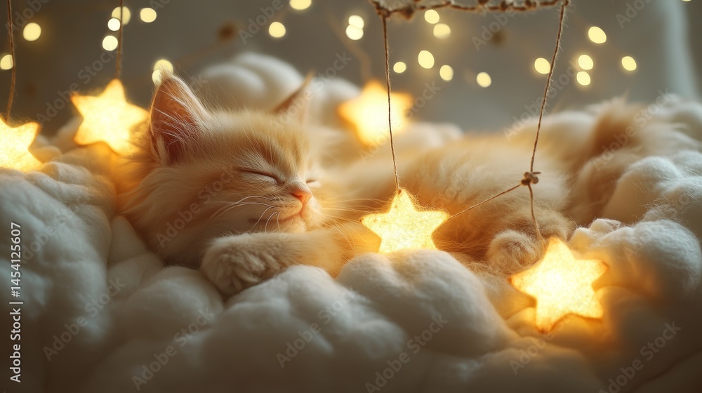 Poster cat crafting felt stars with glowing threads in wool setting