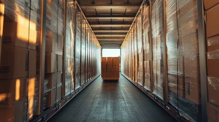 Full truck trailer loaded with cardboard boxes