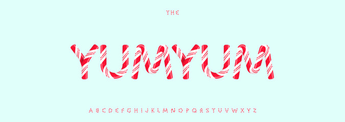 Striped candy alphabet, playful sweet letters, festive holiday font for joyful food branding, cheerful headline, whimsical typography, seasonal typographic design. Vector typeset.