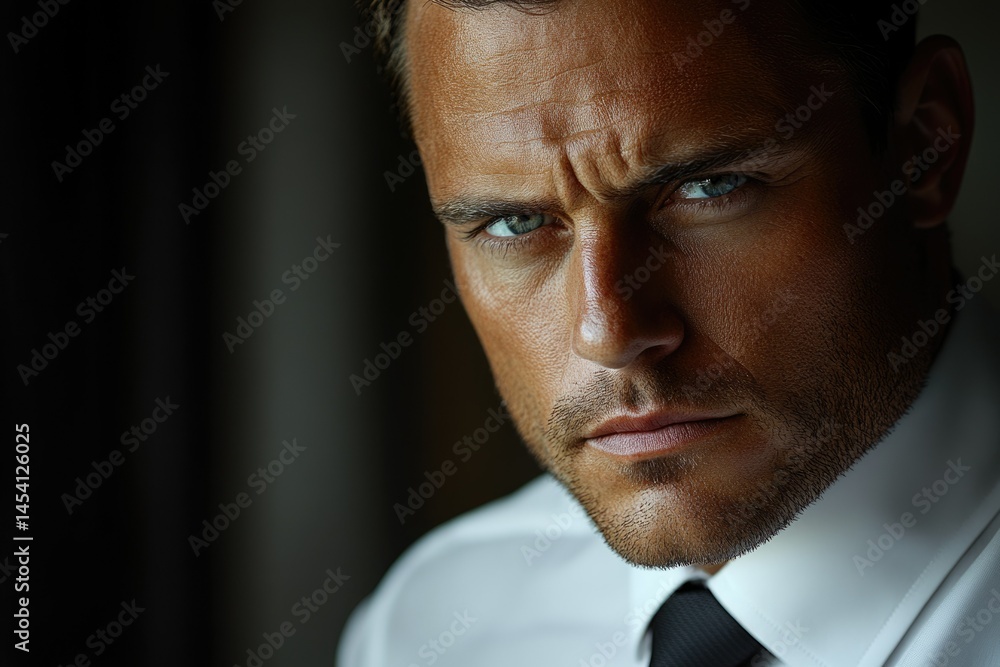 Poster a close-up portrait of a man with intense eyes and a serious expression.