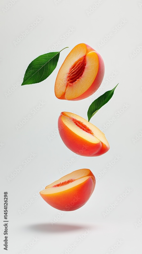 Poster three vibrant slices of ripe peach, adorned with fresh green leaves, levitating gracefully against a