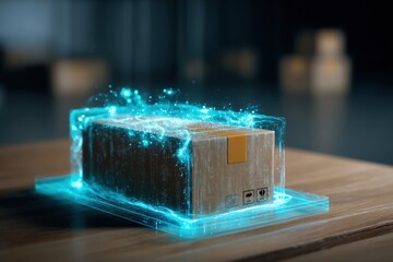 Digital Twin Technology Shows Live Tracking of Package With Holographic Display in Modern Warehouse Environment Generative AI