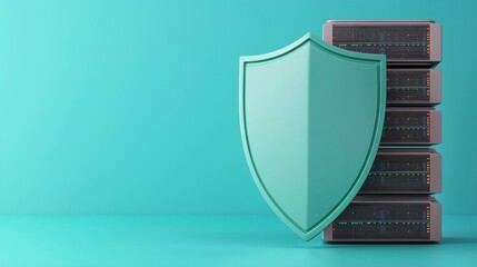 Shield Concept with Server Stack Against Turquoise Background