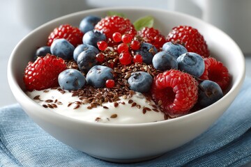 Fresh Yogurt with Berries and Flaxseed in a White Bowl