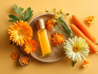 Natural skincare oil with flowers, carrots, and herbs on yellow background