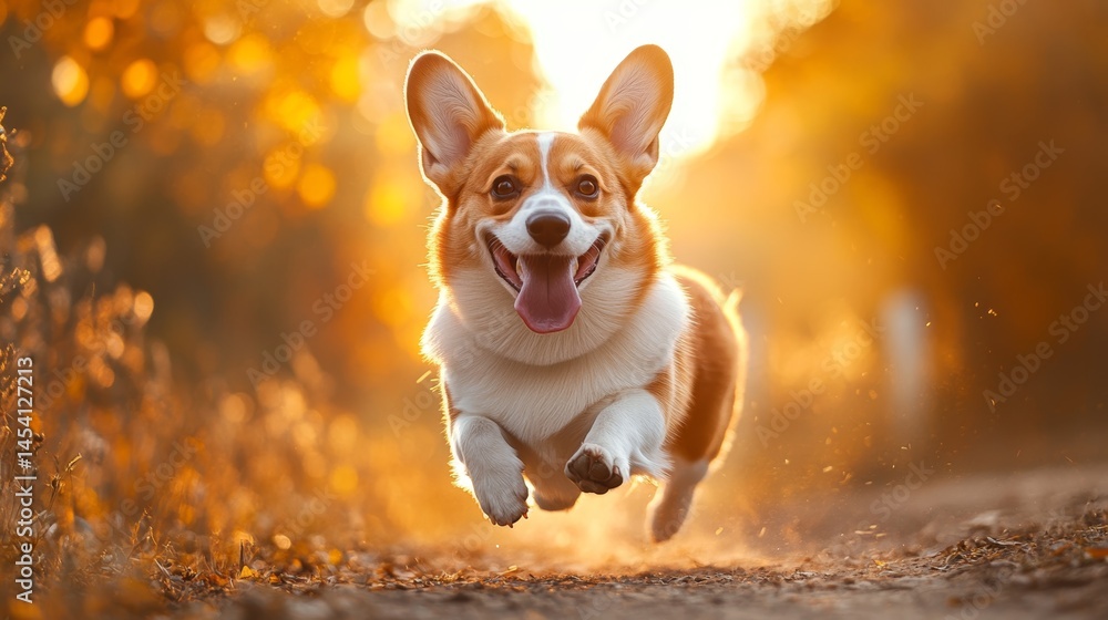 Aufkleber corgi joyfully running towards the camera with tongue out and ears perked up